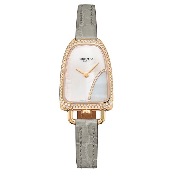 Montre HERMÈS Galop d'Hermès Moyen Modèle sertie quartz cadran nacre bracelet cuir gris 32 mm W058955WW00