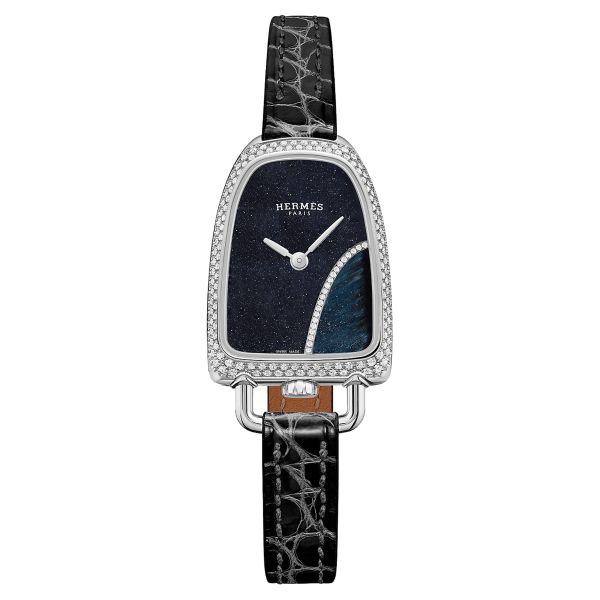 Montre HERMÈS Galop d'Hermès Moyen Modèle sertie quartz cadran aventurine et oeil de faucon bracelet cuir noir 32 mm W058957WW00