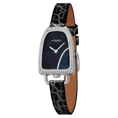 HERMÈS Galop d'Hermès Medium Model watch set with quartz aventurine dial and hawk's eye black leather strap 32 mm