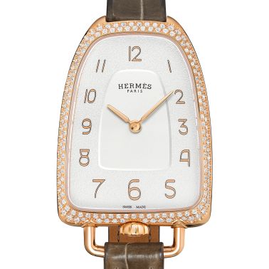 HERMÈS Galop d'Hermès Large Model watch set with quartz silver dial grey leather strap 40 mm