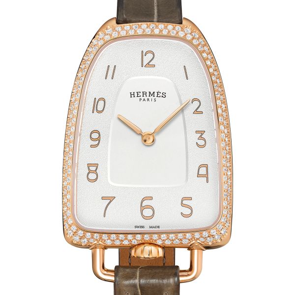 HERMÈS Galop d'Hermès Large Model watch set with quartz silver dial grey leather strap 40 mm