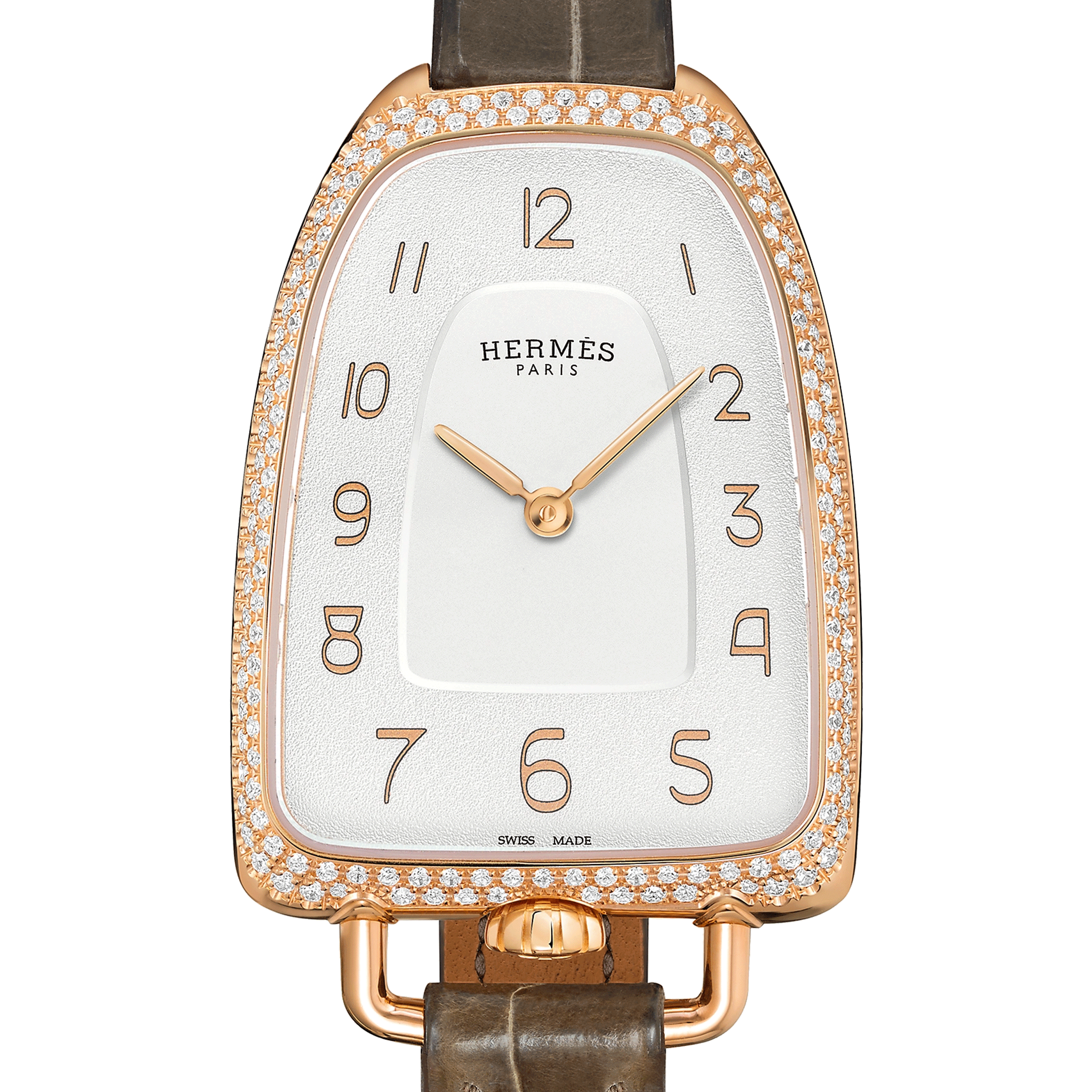 HERMÈS Galop d'Hermès Large Model watch set with quartz silver dial grey leather strap 40 mm