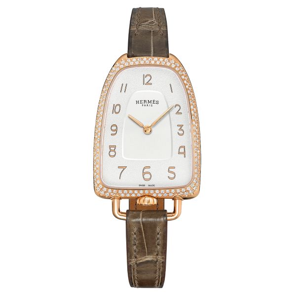 HERMÈS Galop d'Hermès Large Model watch set with quartz silver dial grey leather strap 40 mm