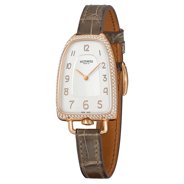 HERMÈS Galop d'Hermès Large Model watch set with quartz silver dial grey leather strap 40 mm