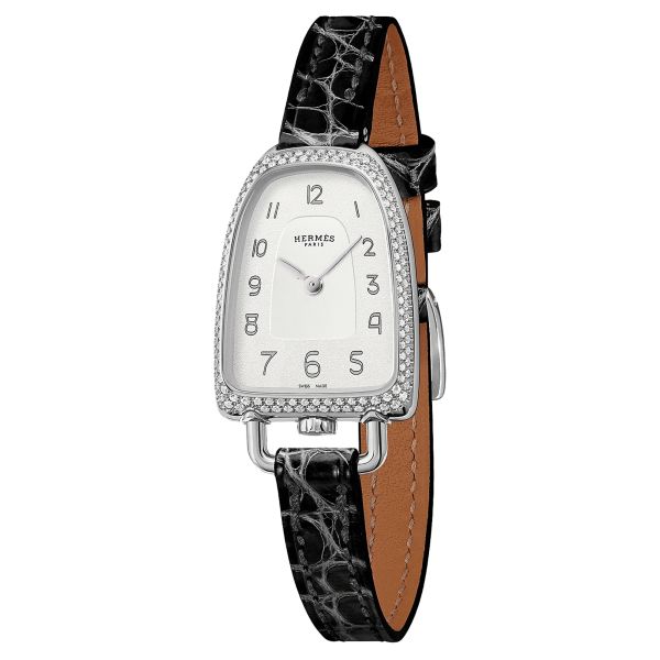 HERMÈS Galop d'Hermès Medium Model watch set with quartz silver dial black leather strap 32 mm