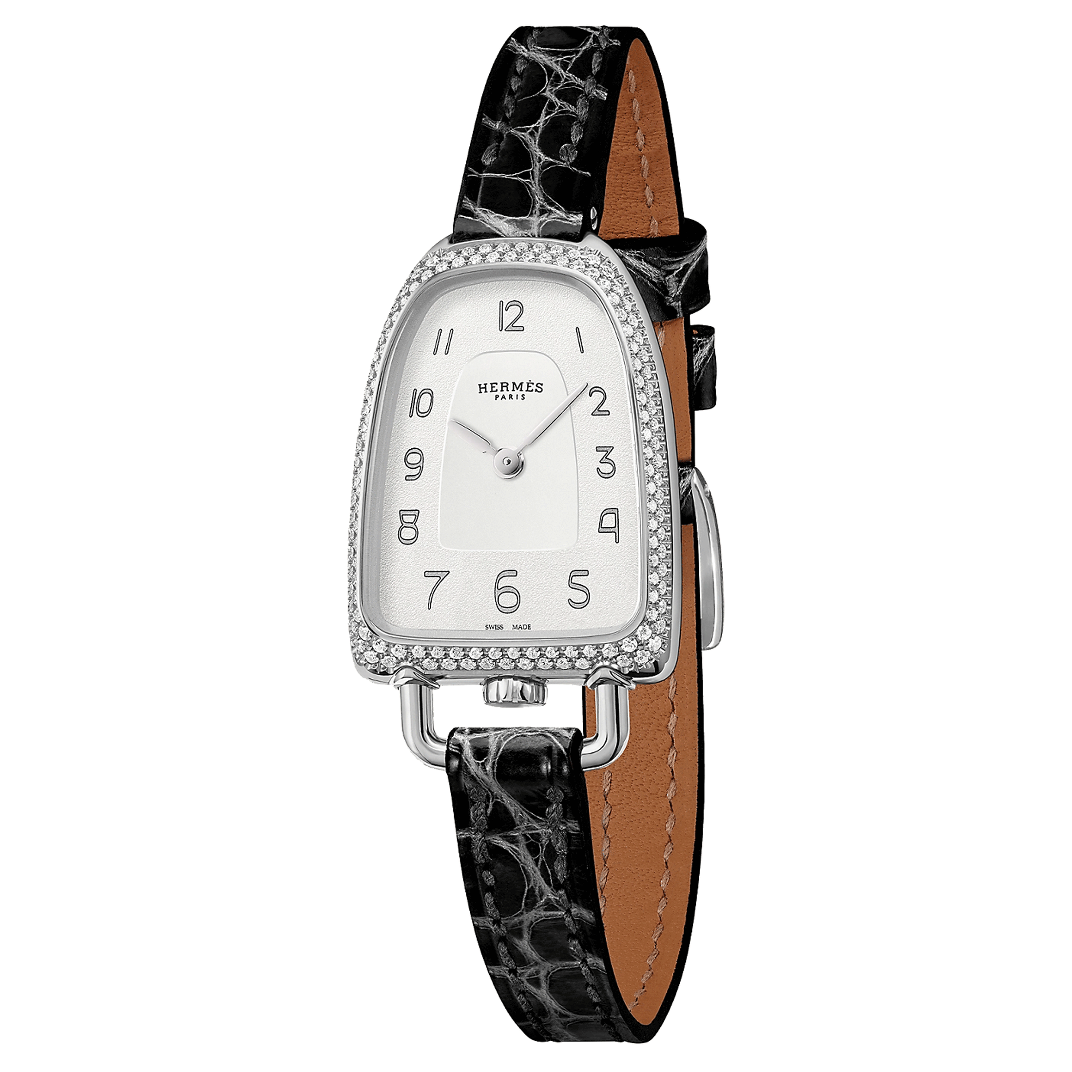 HERMÈS Galop d'Hermès Medium Model watch set with quartz silver dial black leather strap 32 mm
