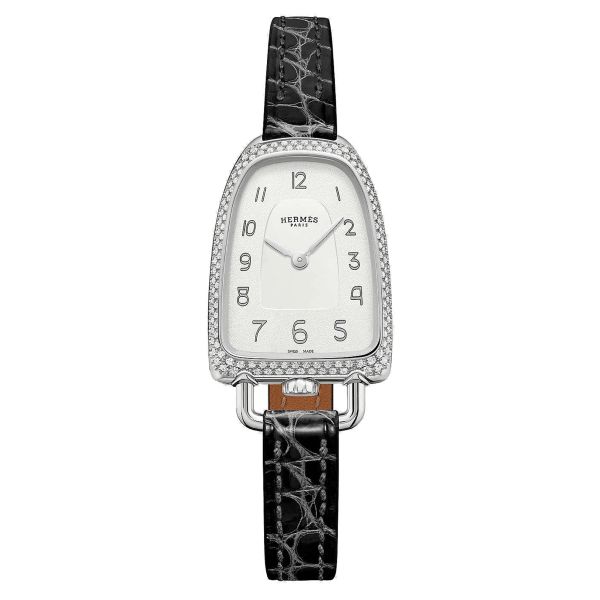 HERMÈS Galop d'Hermès Medium Model watch set with quartz silver dial black leather strap 32 mm