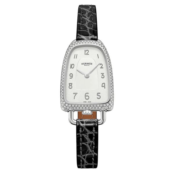 Montre HERMÈS Galop d'Hermès Moyen Modèle sertie quartz cadran argent bracelet cuir noir 32 mm W053750WW00