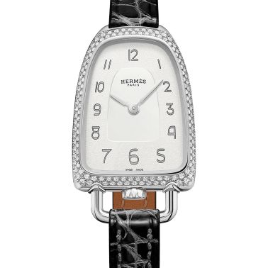 HERMÈS Galop d'Hermès Medium Model watch set with quartz silver dial black leather strap 32 mm