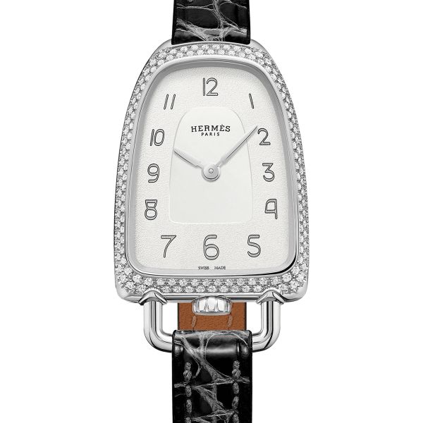 HERMÈS Galop d'Hermès Medium Model watch set with quartz silver dial black leather strap 32 mm