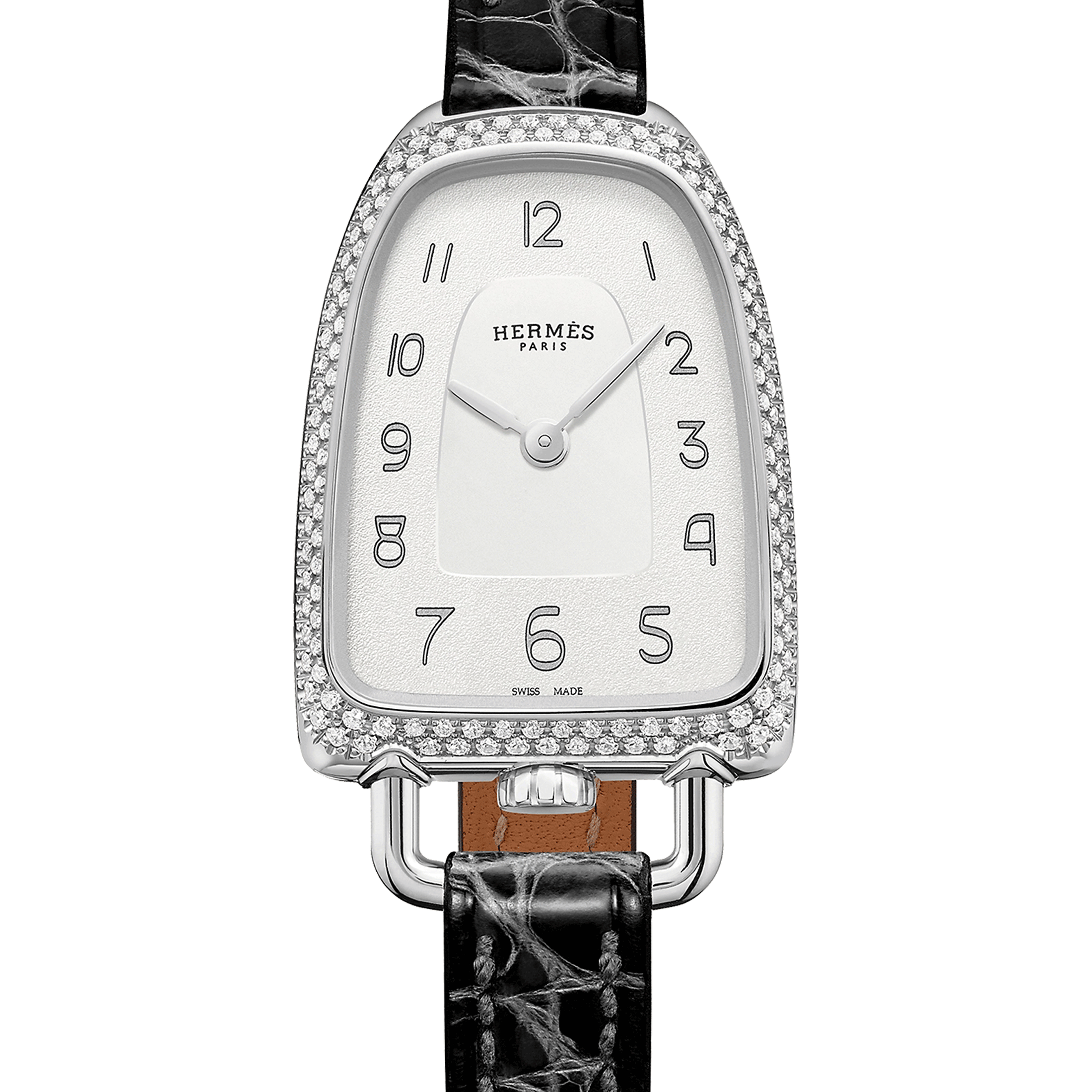 HERMÈS Galop d'Hermès Medium Model watch set with quartz silver dial black leather strap 32 mm