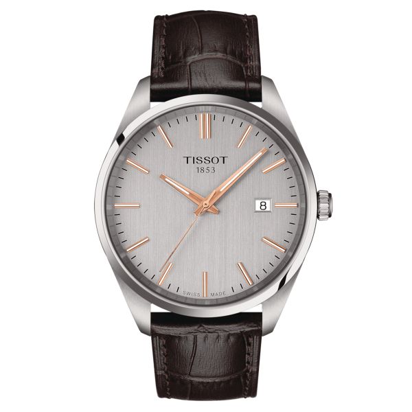 Tissot T-Classic PR 100 quartz watch silver dial brown leather strap 40 mm