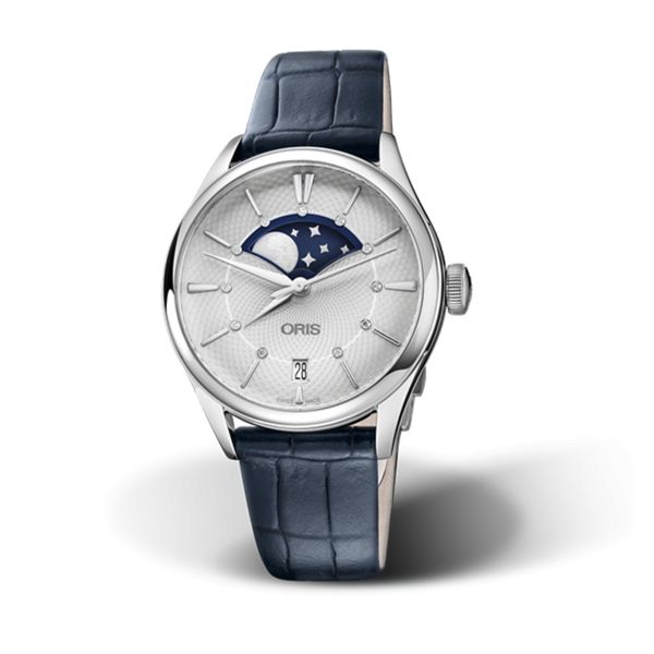 Montre Oris Artelier Grande Lune automatique cadran argenté bracelet cuir 36 mm