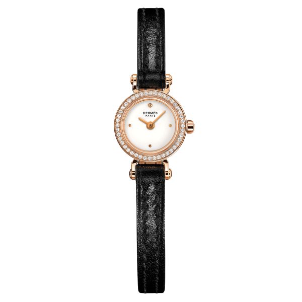 HERMÈS Faubourg Mini Model Rose Gold quartz set bezel white dial black leather strap 15 mm W048402WW00