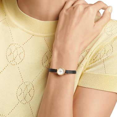 Montre HERMÈS Faubourg Mini Modèle Or Jaune quartz lunette sertie cadran blanc bracelet cuir noir 15 mm W049308WW00