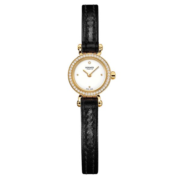 HERMÈS Faubourg Mini Model Yellow gold watch quartz bezel set white dial black leather strap 15 mm W049308WW00