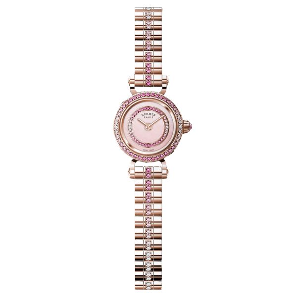 Montre HERMÈS Faubourg Mini Modèle Or Rose quartz lunette sertie cadran rose bracelet or rose diamants 15 mm W049098WW00