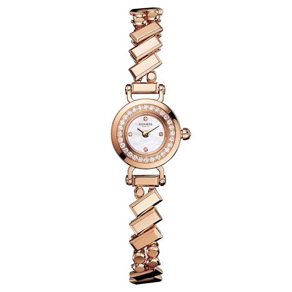 Montre HERMÈS Faubourg Polka Mini Modèle Or Rose quartz cadran nacre blanche bracelet or rose 15 mm W054184WW00