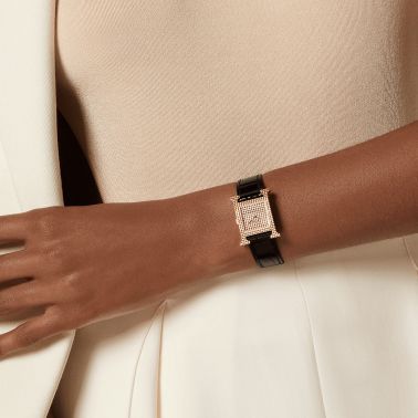 Montre HERMÈS Heure H Petit Modèle quartz cadran or rose bracelet cuir noir 25 mm W403052WW00