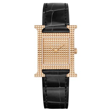 Montre HERMÈS Heure H Petit Modèle quartz cadran or rose bracelet cuir noir 25 mm W403052WW00