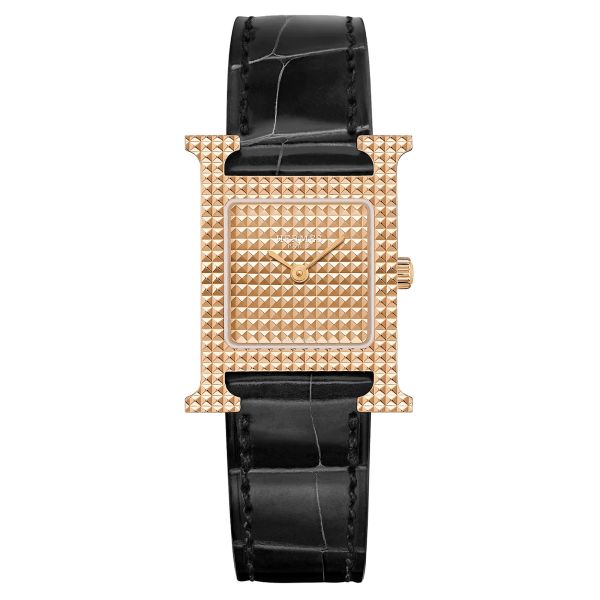 Montre HERMÈS Heure H Petit Modèle quartz cadran or rose bracelet cuir noir 25 mm W403052WW00