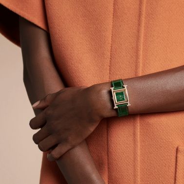 Montre HERMÈS Heure H Petit Modèle sertie quartz cadran malachite bracelet cuir vert 25 mm W054095WW00
