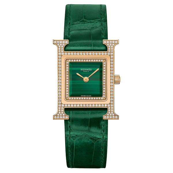 HERMÈS Heure H Small Model watch set with quartz malachite dial green leather strap 25 mm W054095WW00
