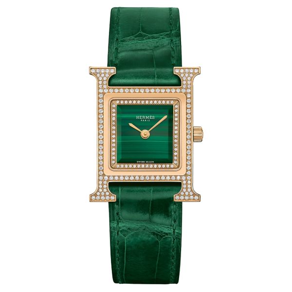 Montre HERMÈS Heure H Petit Modèle sertie quartz cadran malachite bracelet cuir vert 25 mm W054095WW00