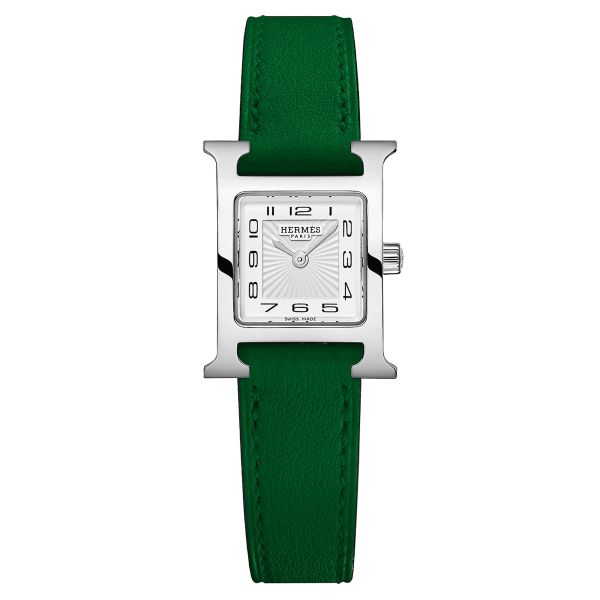 Montre HERMÈS Heure H Mini Modèle quartz cadran blanc bracelet cuir vert 21 mm W055598WW00