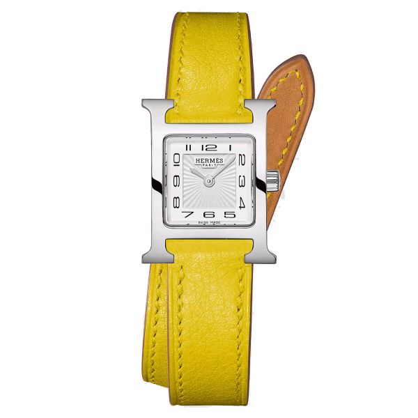 Montre HERMÈS Heure H Mini Modèle quartz cadran blanc bracelet double tour cuir jaune 21 mm W055641WW00