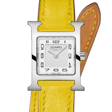 Montre HERMÈS Heure H Mini Modèle quartz cadran blanc bracelet double tour cuir jaune 21 mm W055641WW00