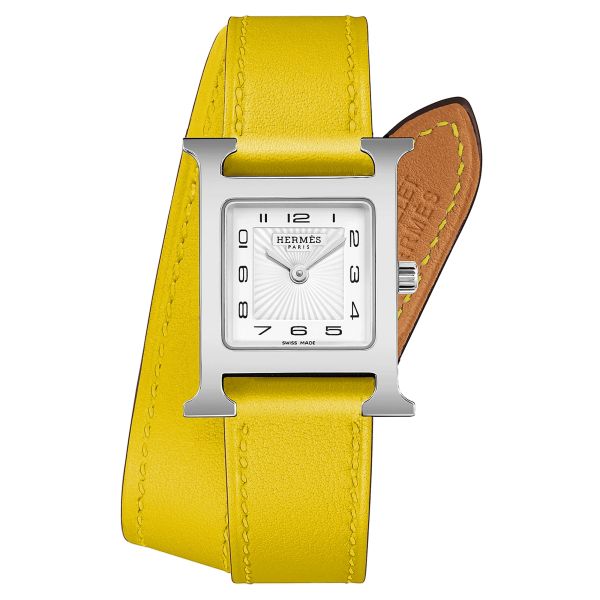 Montre HERMÈS Heure H Petit Modèle quartz cadran blanc bracelet double tour cuir jaune 25 mm W055536WW00