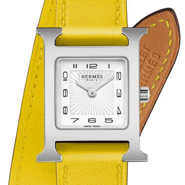 Montre HERMÈS Heure H Petit Modèle quartz cadran blanc bracelet double tour cuir jaune 25 mm W055536WW00