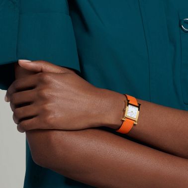 Montre HERMÈS Heure H Petit Modèle PVD quartz cadran blanc bracelet cuir orange 25 mm W036736WW00