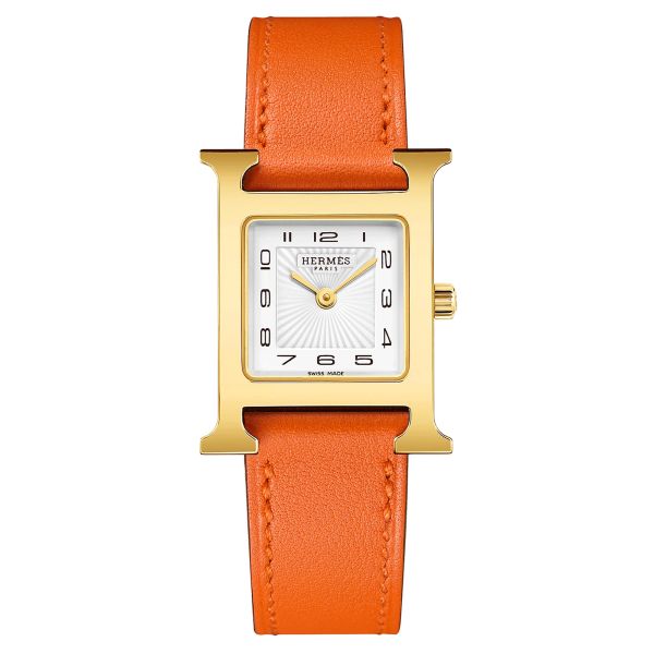 Montre HERMÈS Heure H Petit Modèle PVD quartz cadran blanc bracelet cuir orange 25 mm W036736WW00