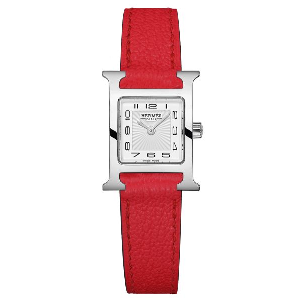 Montre HERMÈS Heure H Mini Modèle quartz cadran blanc bracelet cuir rouge 21 mm W055401WW00