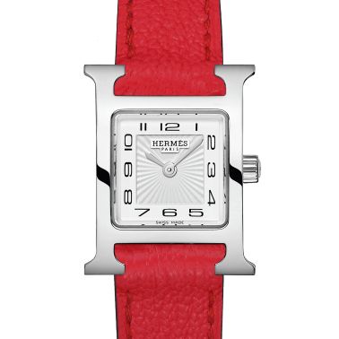 Montre HERMÈS Heure H Mini Modèle quartz cadran blanc bracelet cuir rouge 21 mm W055401WW00