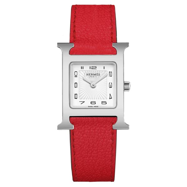 Montre HERMÈS Heure H Petit Modèle quartz cadran blanc bracelet cuir rouge 25 mm W055210WW00