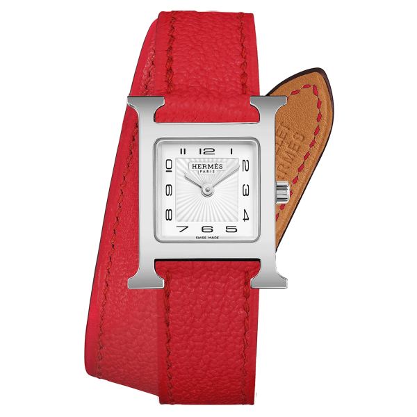 Montre HERMÈS Heure H Petit Modèle quartz cadran blanc bracelet double tour cuir rouge 25 mm W055469WW00