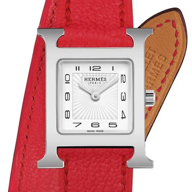 Montre HERMÈS Heure H Petit Modèle quartz cadran blanc bracelet double tour cuir rouge 25 mm W055469WW00