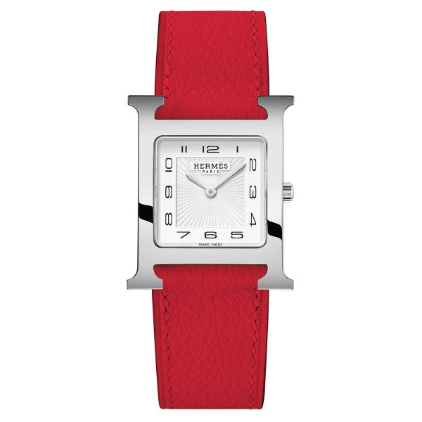 Montre HERMÈS Heure H Moyen Modèle quartz cadran blanc bracelet cuir rouge 30 mm W055769WW00