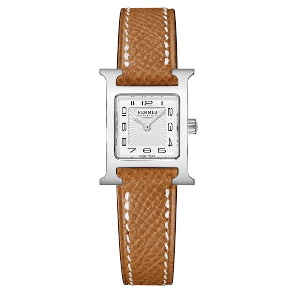 Montre HERMÈS Heure H Mini Modèle quartz cadran blanc bracelet cuir marron gold 21 mm W037875WW00