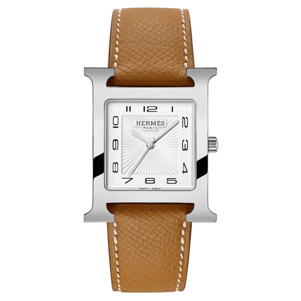 Montre HERMÈS Heure H Grand Modèle quartz cadran blanc bracelet cuir marron gold 34 mm W036831WW00