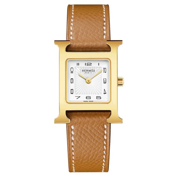 Montre HERMÈS Heure H Petit Modèle PVD quartz cadran blanc bracelet cuir marron gold 25 mm W036732WW00