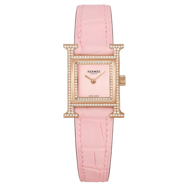 Montre HERMÈS Heure H Mini Modèle sertie quartz cadran rose bracelet cuir rose 21 mm W057240WW00