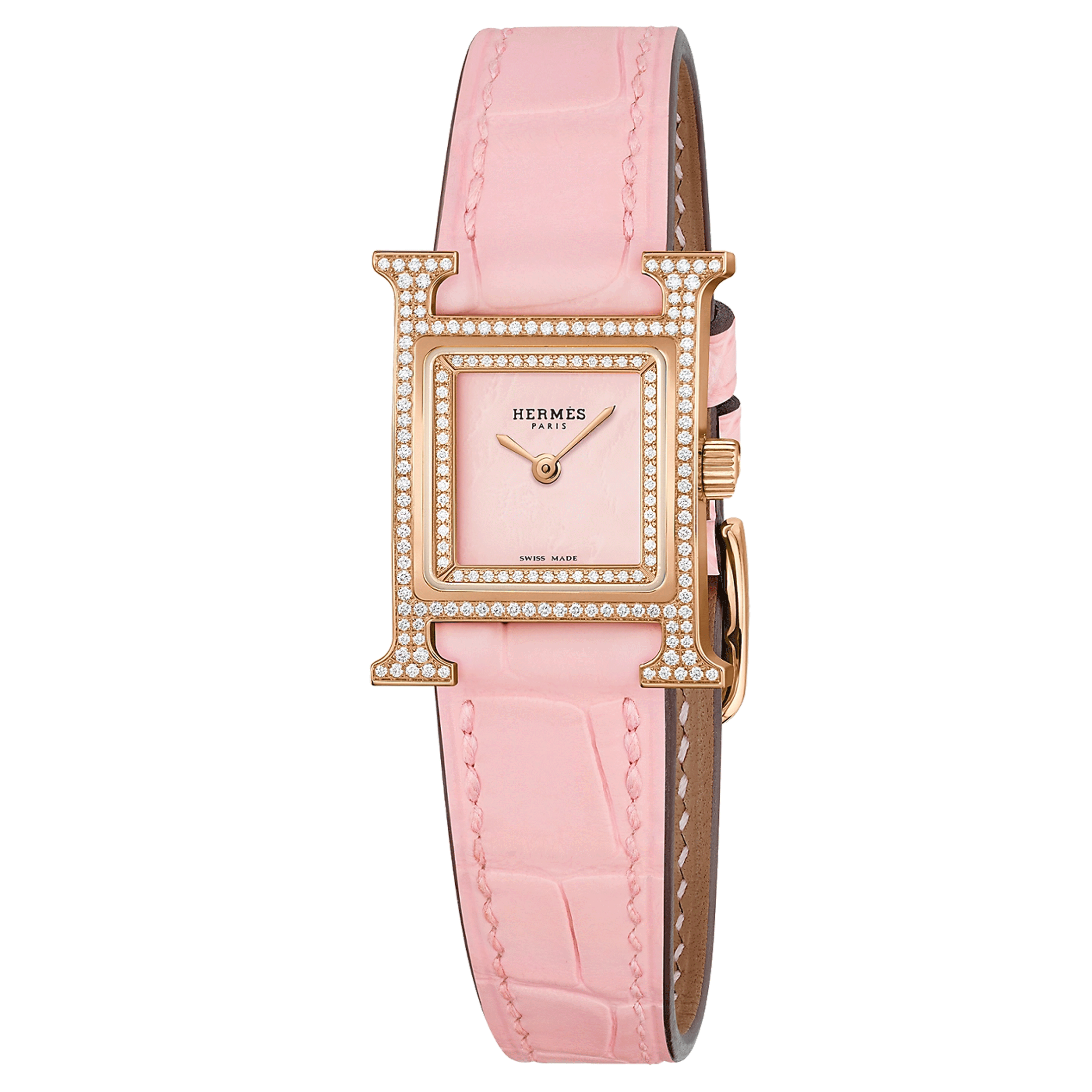 HERMÈS Heure H Mini Model watch set with quartz pink dial pink leather strap 21 mm W057240WW00