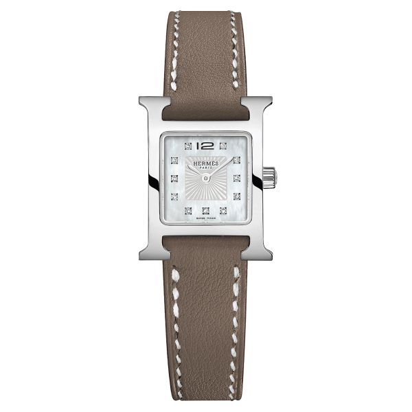 Montre HERMÈS Heure H Mini Modèle quartz index diamants cadran nacre blanche bracelet cuir taupe 21 mm W055541WW00