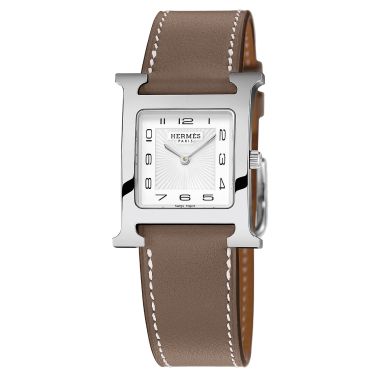 HERMÈS Heure H Medium Model watch quartz white dial taupe leather strap 30 mm W052404WW00