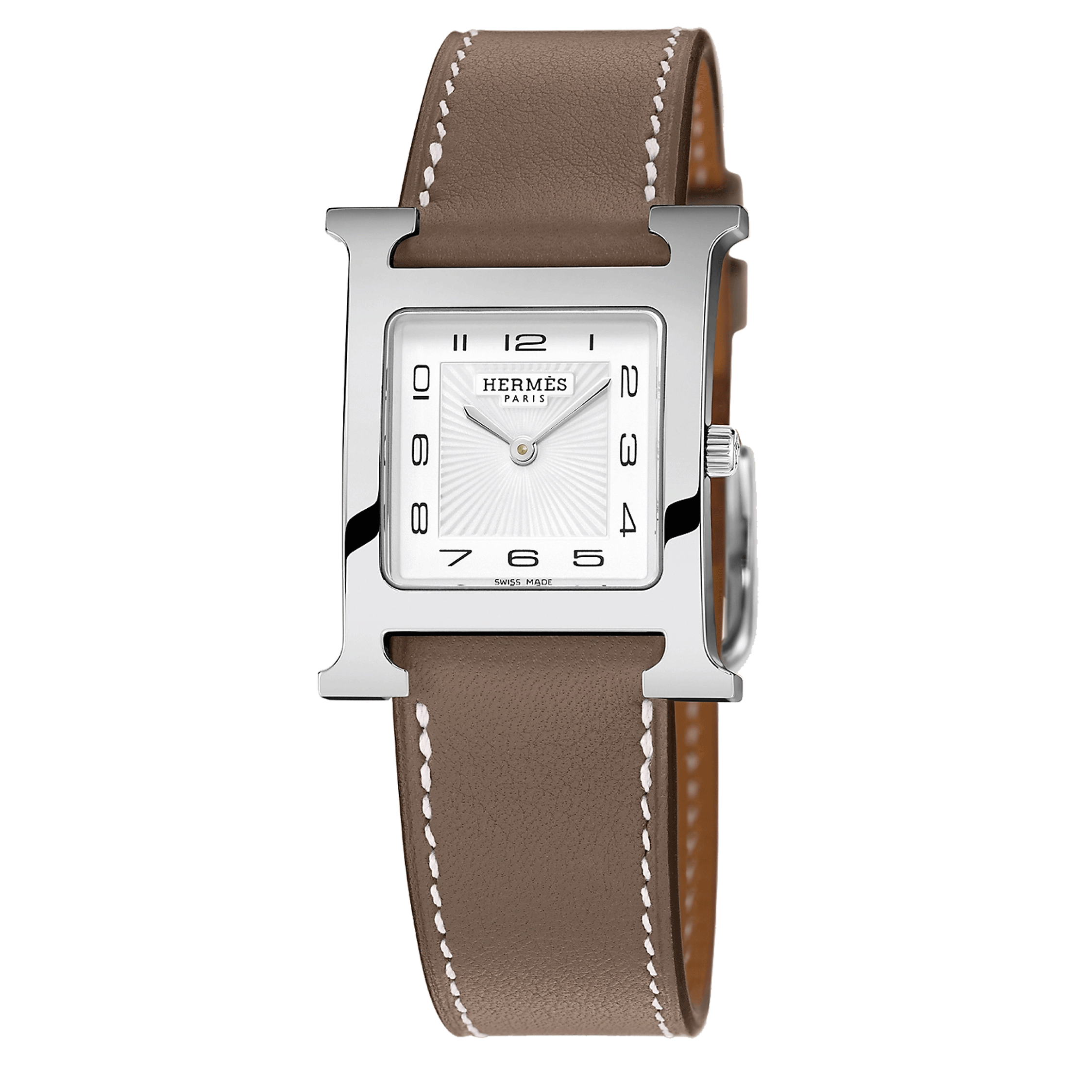HERMÈS Heure H Medium Model watch quartz white dial taupe leather strap 30 mm W052404WW00
