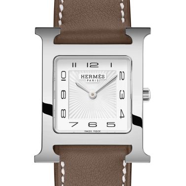 HERMÈS Heure H Medium Model watch quartz white dial taupe leather strap 30 mm W052404WW00